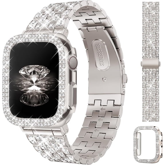 Compatible with Apple Watch Band Series 12/ 11/10-46mm with Case Women, Jewelry Replacement Metal Wristband Strap with 1 Pack Bling PC Protective Cover for iWatch