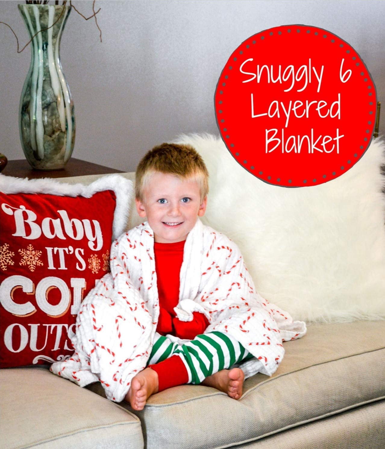LollyBanks Candy Cane Baby Holiday Blanket Christmas Muslin Quilt, 47"x47", 1 Pack