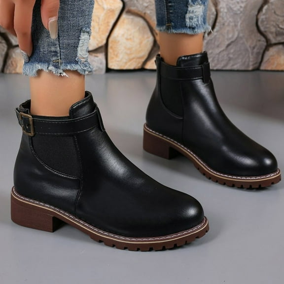Bnwani Low Heel Boots Women Fall Winter Fashion Toe Thick Ankle Versatile Casual Sweet Boot Black Size 5.5