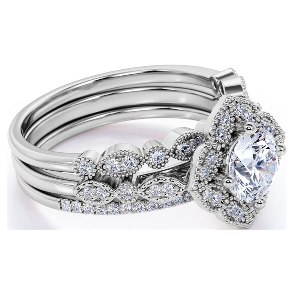 JeenMata Unique 1.75 Carat Real Moissanite Wedding Trio Ring Set with Engagement Ring and 2 Wedding Bands in 18k Gold Plating For Women