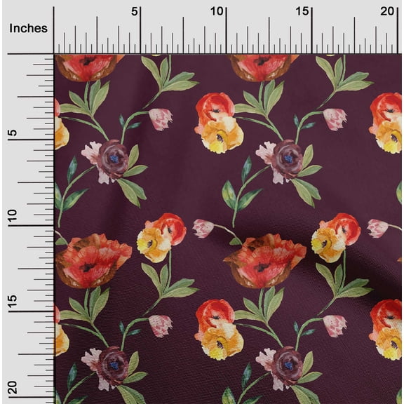 oneOone Georgette Viscose Wine Fabric Flower & Leaves Watercolor Sewing Material Print Fabric By The Yard 42 Inche Wide