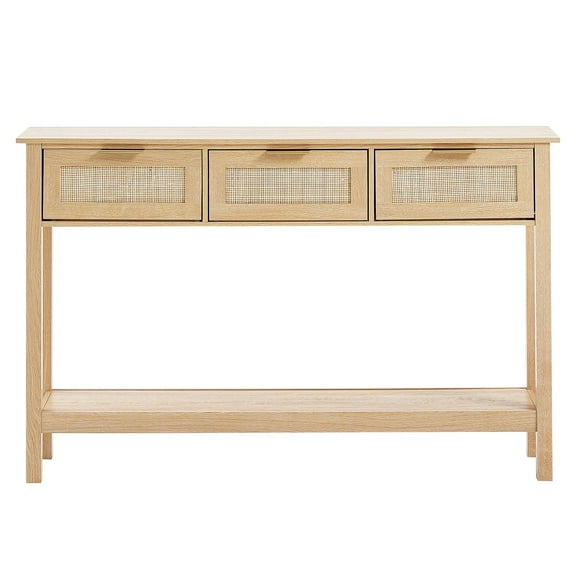 XiHuaZhaoChen  Console Table with 3 Storage Drawers, Rattan Entryway Table with Natural Rattan Sliding Door, Console Sofa Table for Living Room, Study, Entryway Or TV Wall, Natural