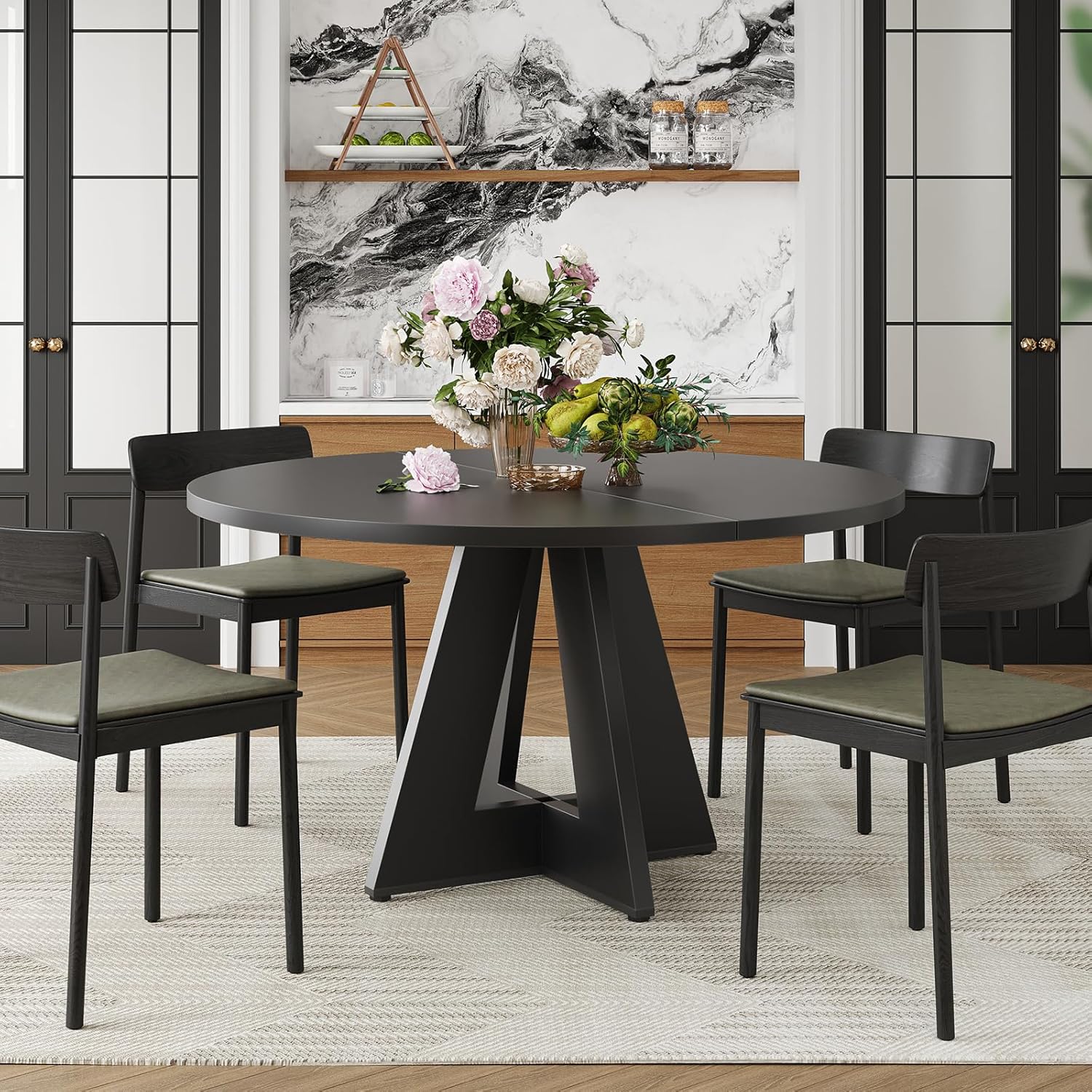 Farini 47" Round Dining Table,Wooden Kitchen Table with Metal Base, Seats 4–7, for Dining Room, Kitchen & Living Room, Black