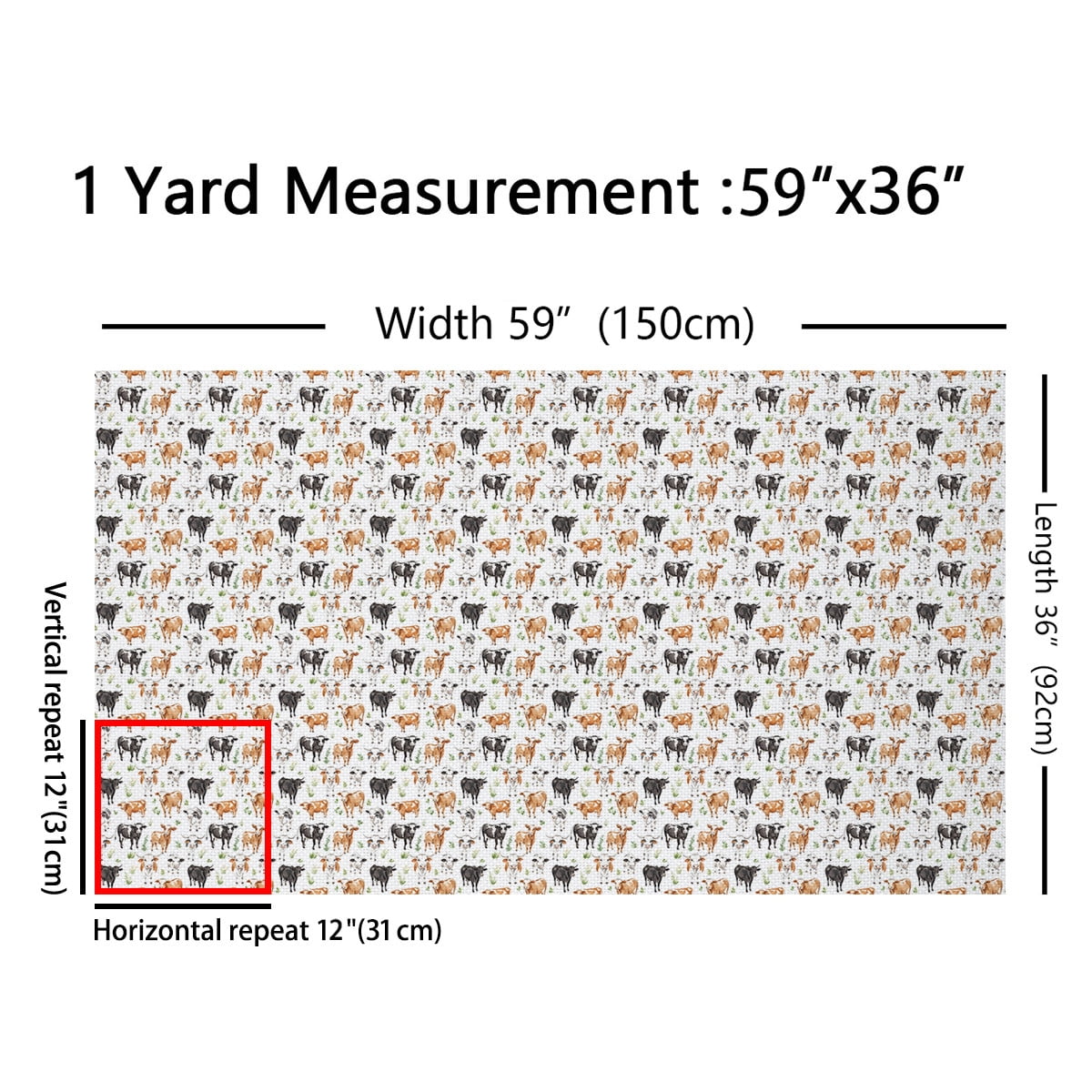 jejeloiu Cute Highland Cow Fabric by the Yard 2 Yards,Country Farmhouse Lodge Room Decor Fabric by the Yard,White Brown Black Fabric for Sewing For Child,Breathable Bedroom Decorative