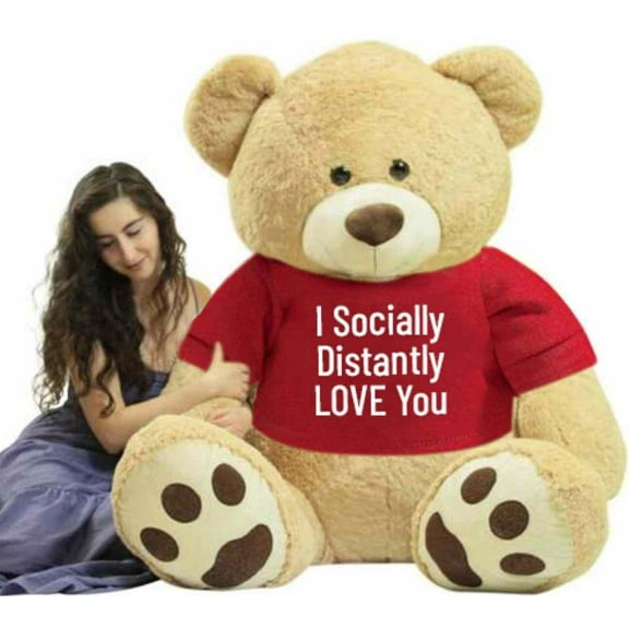 Giant 6 Ft Valentine Teddy Bear Soft Big Valentine's Day Stuffed Animal wears Removable T-Shirt that reads I Socially Distantly Love You, Arrives in Impressive Huge Box Fully Stuffed & Ready to Hug