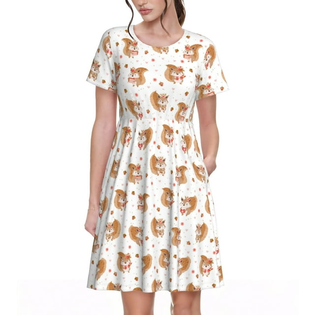 Bixox Robe d'Été à Manches Courtes pour Femmes Robe Ample Longueur Genou avec Poches-Écureuil et Rose