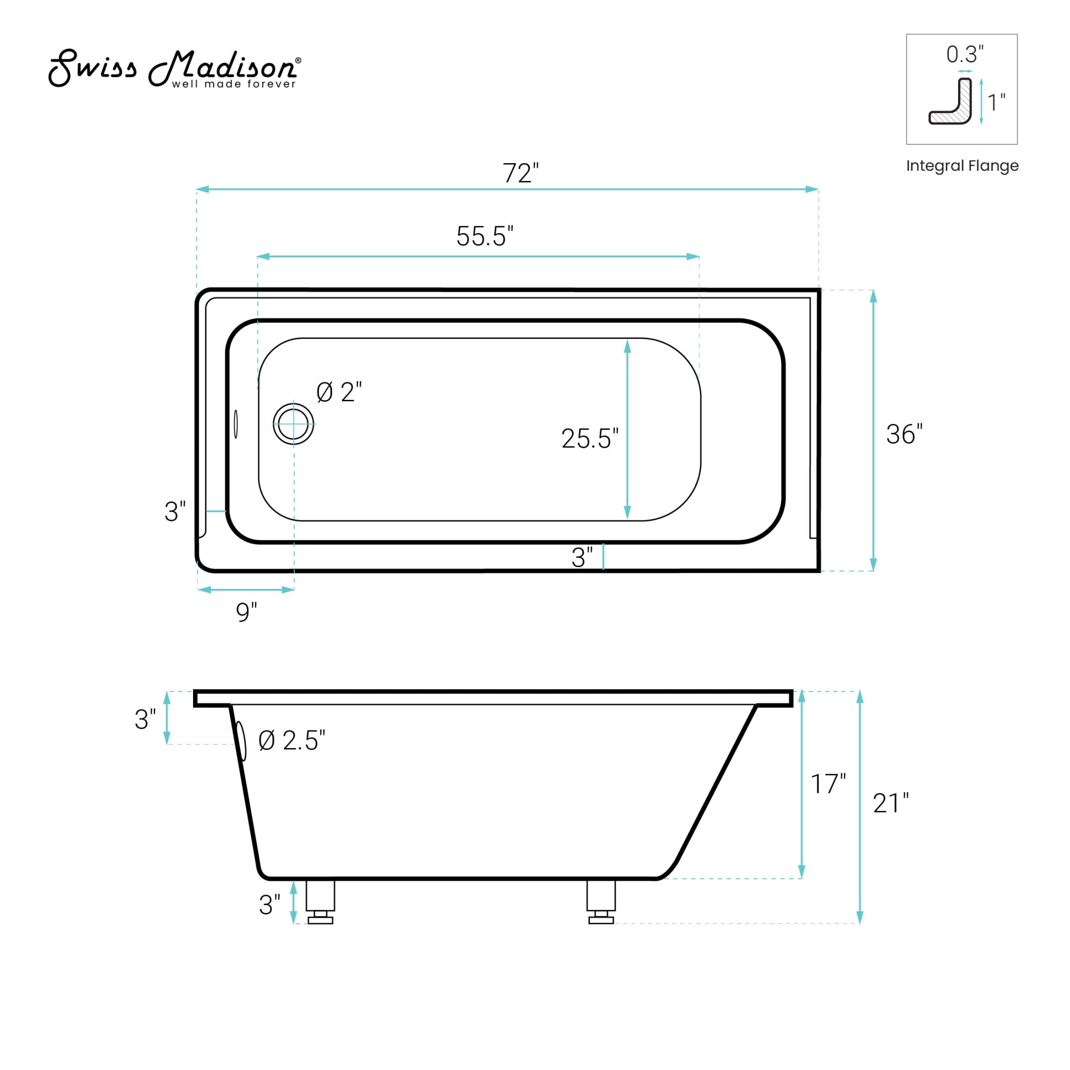 Voltaire 72 x 36 Left Drain Soaking Alcove Bathtub in Glossy White with Integrated Armrest