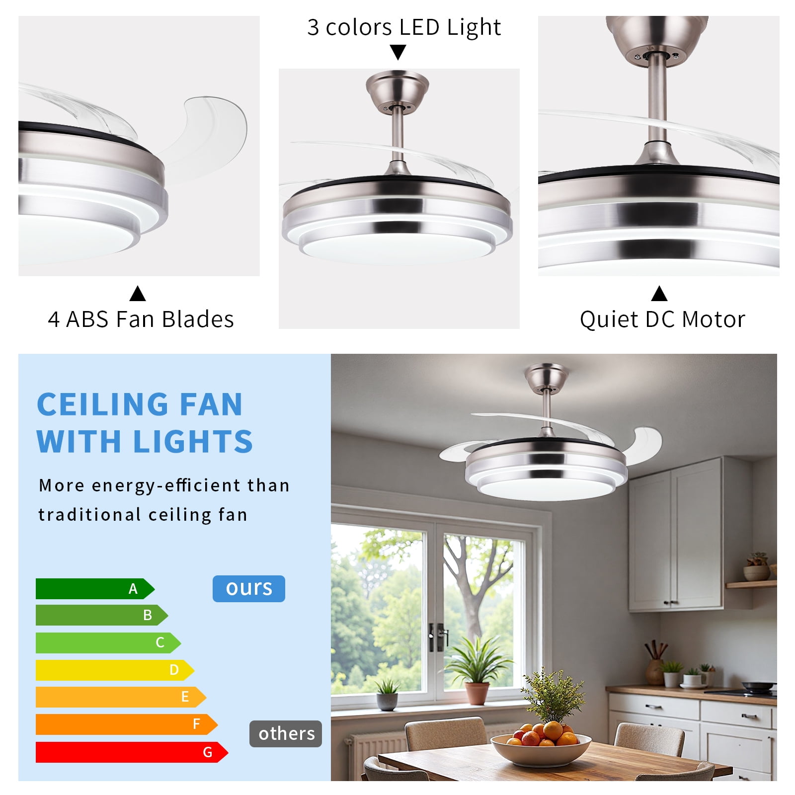 Smart Retractable Ceiling Fan with Light, 42 Inch Fandelier Remote Control, 3 Color Temperature Dimmable LED, 6 Speed Quiet Reversible DC Motor for Bedroom Living Room Kitchen