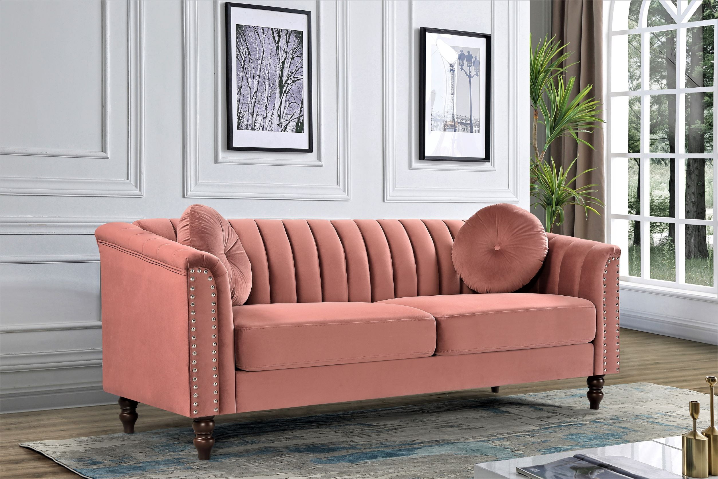Uspridefurniture Hills Tufted Back Nailhead 75.2" Velvet Sofa, Rose