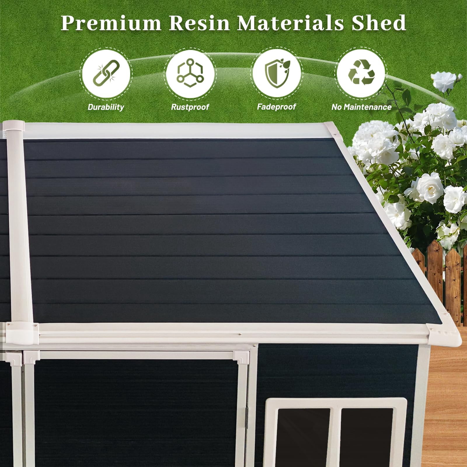 8x4 FT Resin Shed with Floor Included, Plastic Sheds & Outdoor Storage Clearance with 2 Windows and Lockable Door for Backyard, Bike, Garden Tools (Black)