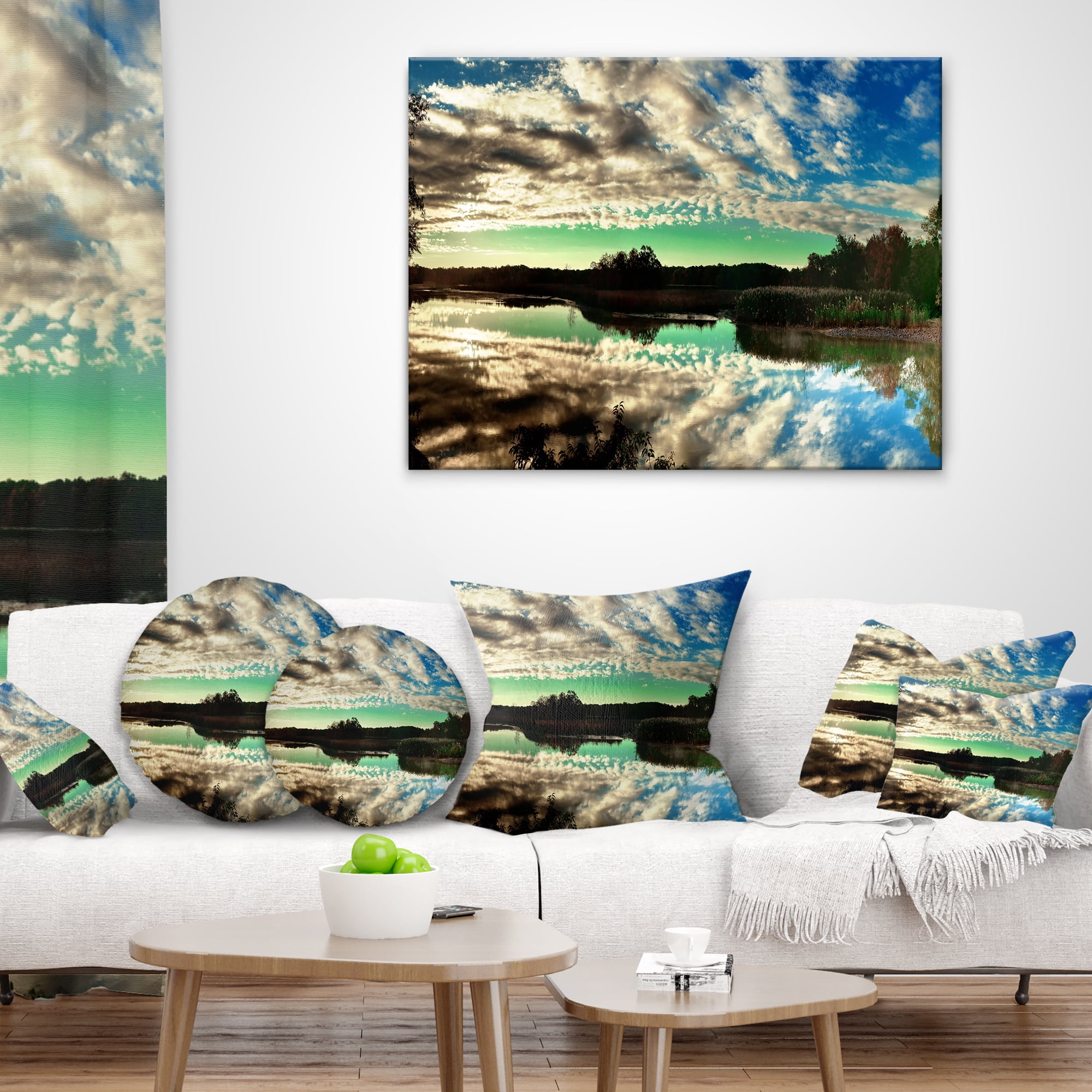 Designart Sky Clouds Mirrored in River Panorama - Landscape Printed Throw Pillow - 12x20