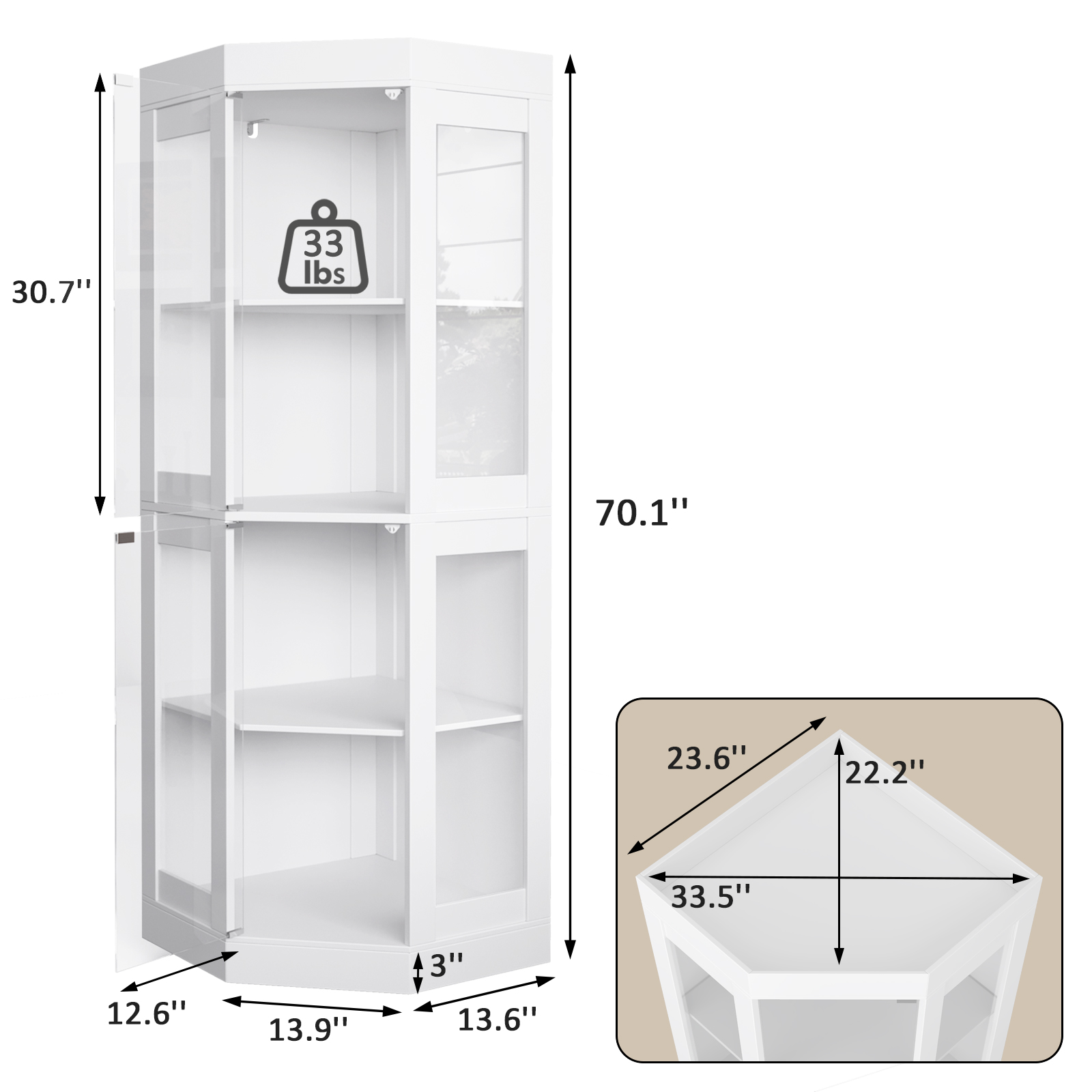 70'' Tall Corner Cabinet with Glass Doors, Modern Display Cabinet for Kitchen, Dining Living Room, Bathroom, White
