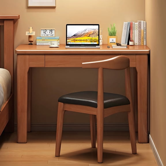 Harmie 31.5 Inch Computer Writing Desk Solid Wood Walnut with Storage Drawer Compact Modern Study Work Table for Home Office