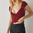 thumbnail image 3 of Blusas Cortas Camiseta informal para mujer, a la moda, con cuello en V, para ir de compras (vino rojo XL) Cgtredaw para Mujer Vino rojo T XXL, 3 of 7