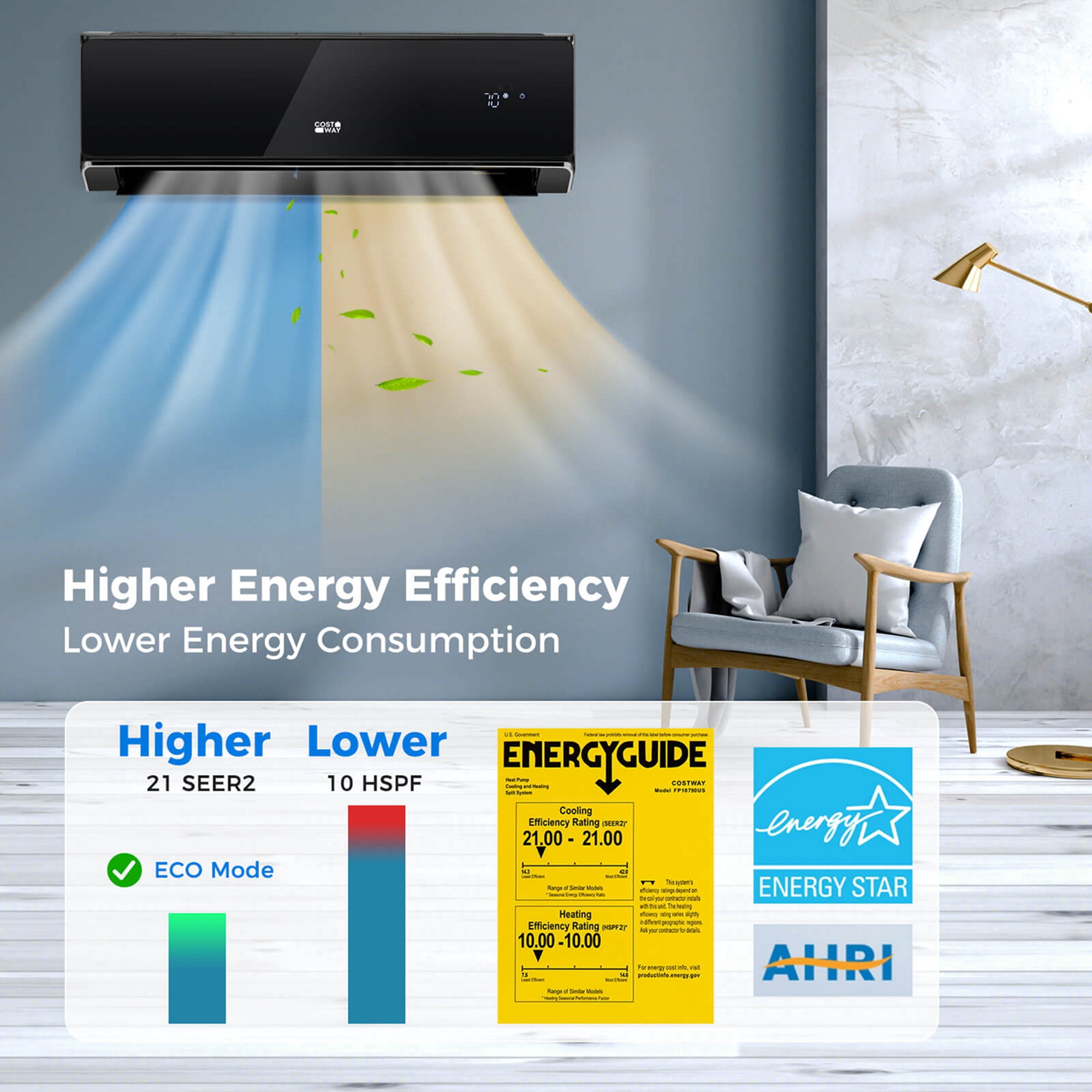 Costway 24000 BTU Wifi Enabled Mini Split Air Conditioner & Heater with Heat Pump Black