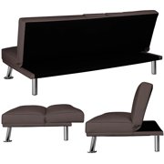 Modern Faux Leather Futon with Cupholders and Pillows, Black