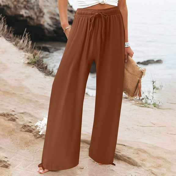 Gerichy Women Casual Wide Leg Pants High Waisted Business Work Casual Pants Loose Flowy Beach Palazzo Pants Solid Elastic Waist Pant High Waist Wide Leg Regular Loose Pants