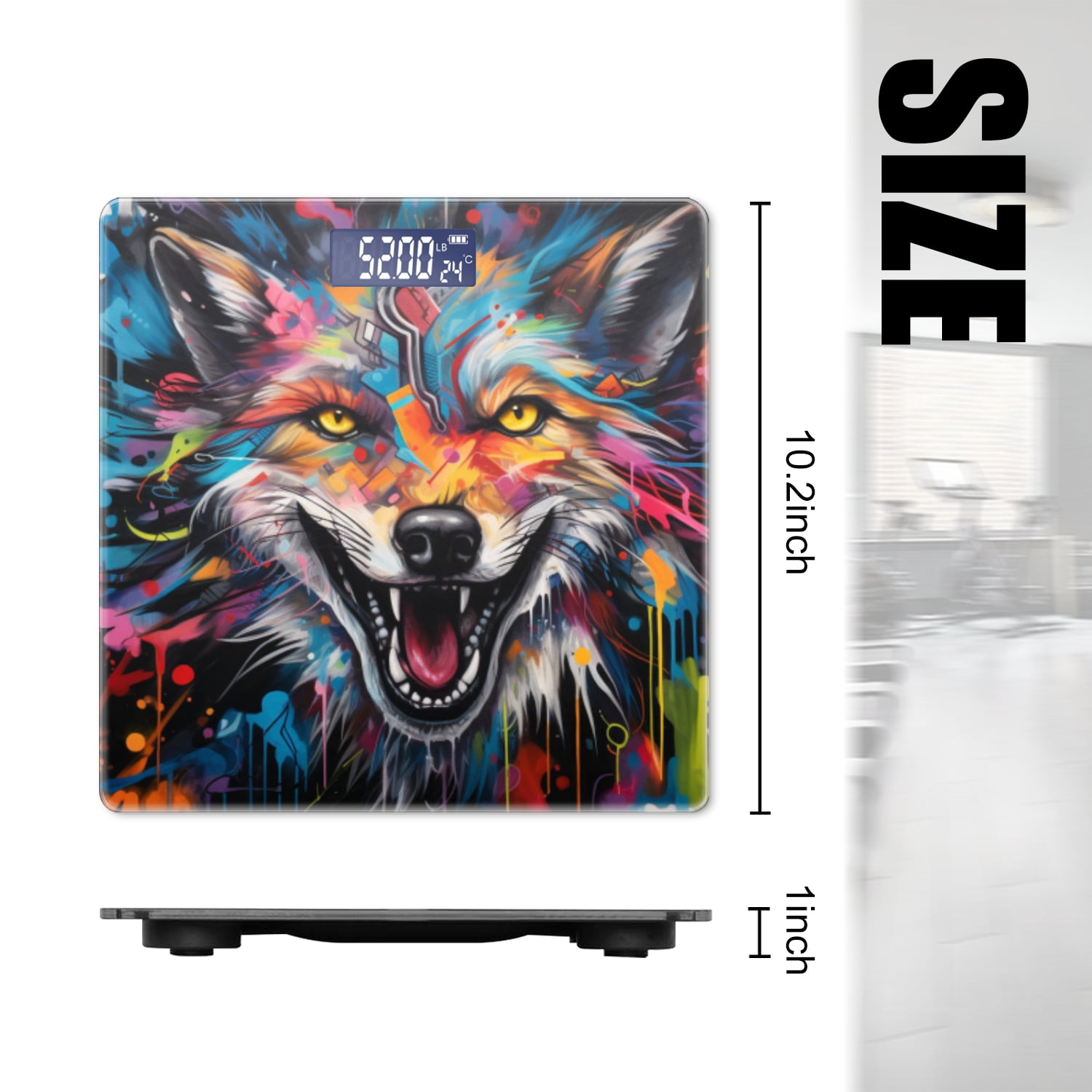 High Precision Body Weight Scale Smart Bathroom Scales with Large LCD Display(400lbs),Decorative for Bedroom-Graffiti-Style Painting Of Angry Wolf