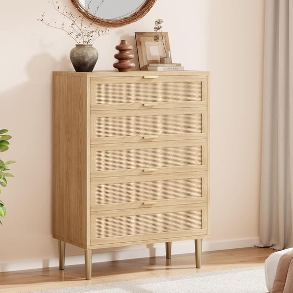 Home Rattan 5 Drawer Dresser, 44'' Tall Narrow Chest Of Drawer, Farmhouse Wooden Vertical Dresser With Metal Legs And Handles, Modern Dresser For Bedroom, Living Room