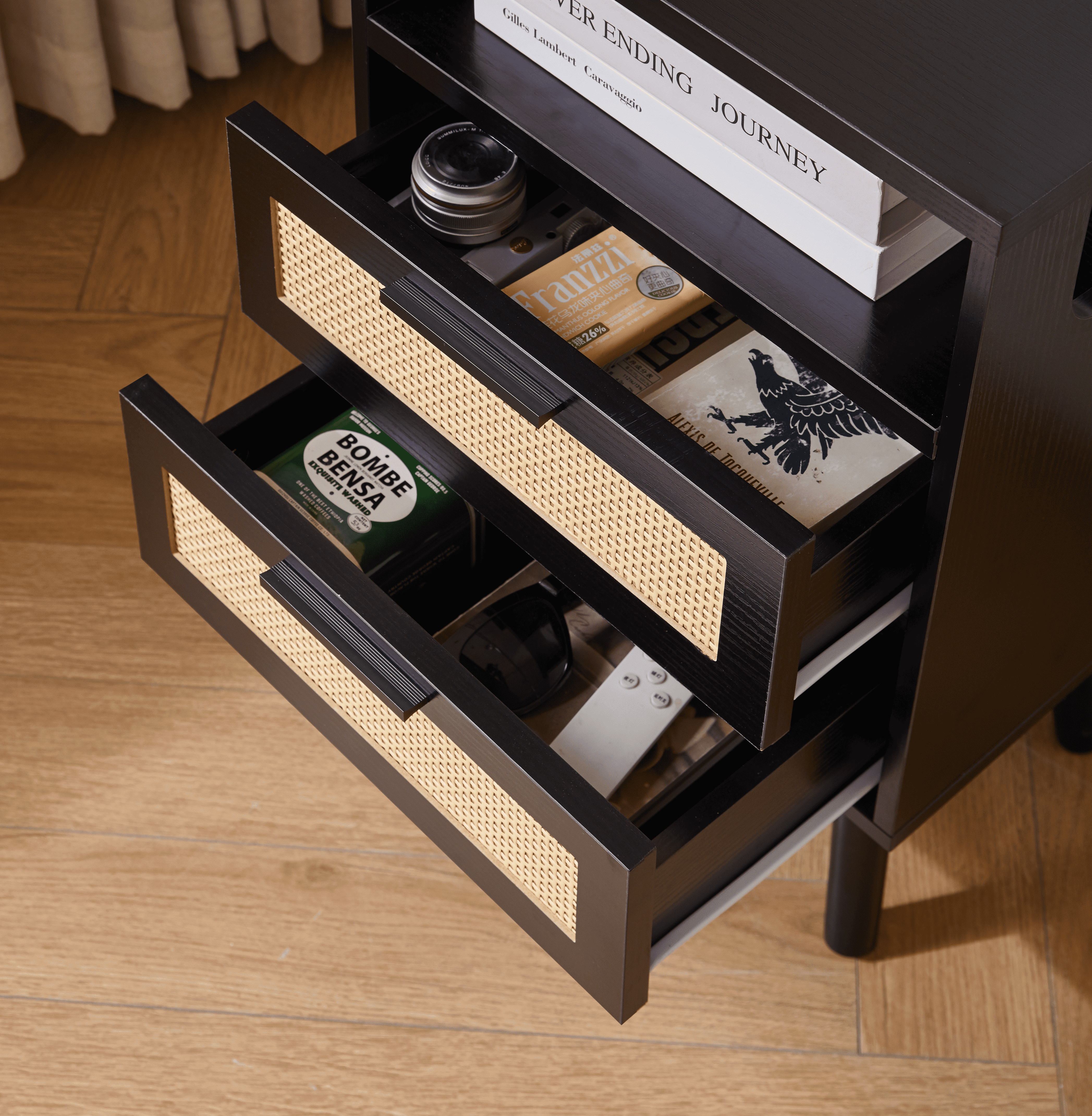 OTONIPU Rattan Nightstands Set of 2 with 2 Drawers, Modern Wood Bedside Tables with Black Handles, Black End Tables