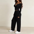 thumbnail image 4 of Bzdzmqm Women's 2 Piece Outfits V Neck Long Sleeve Crop Top and Wide Leg Pants Set Casual Lounge Matching Tracksuit Solid Basic Fall Travel Vacation Daily Wear Comfy, Black XL, 4 of 6