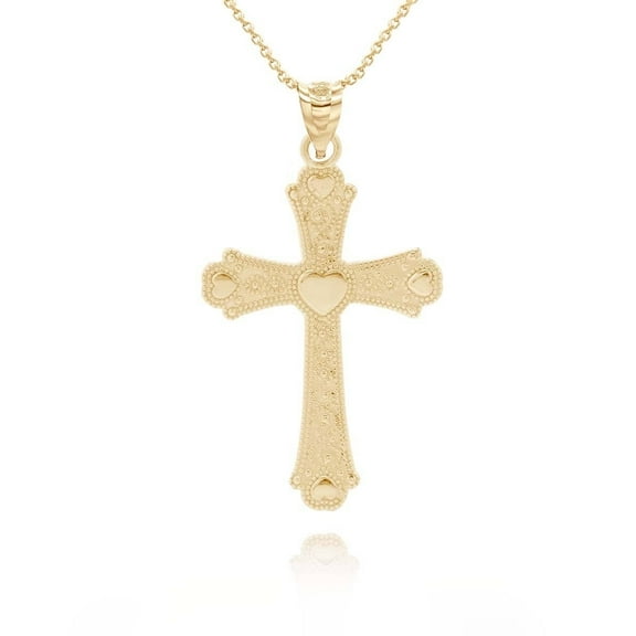 Gold Beaded Filigree Heart Cross Pendant Necklace (Available in Yellow/Rose/White Gold) (10K,Yellow Gold,Pendant with 18" chain)