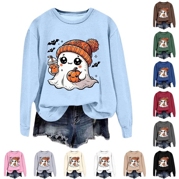 Crewneck Sweatshirts Women Ghost Lightweight Print Long Sleeve Hoodless Sweatshirts Cozy Pullover Sweatshirt for Women Beige L