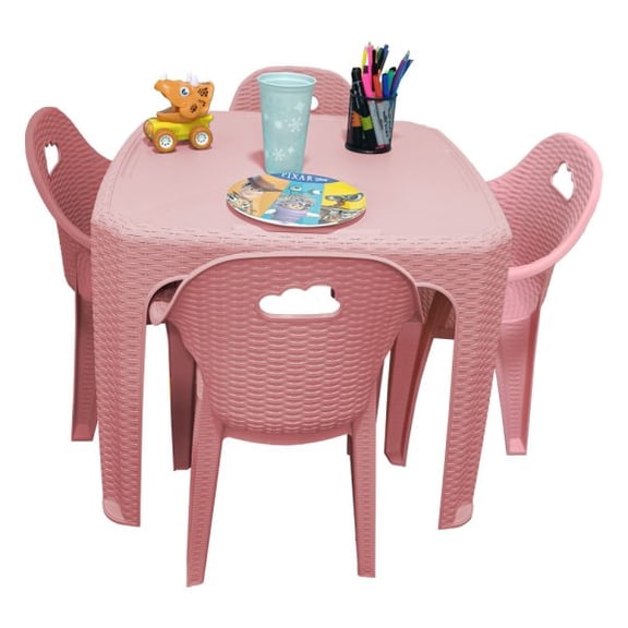 Kit Mesa Cuadrada con 4 Sillas tipo Rattan Rosa