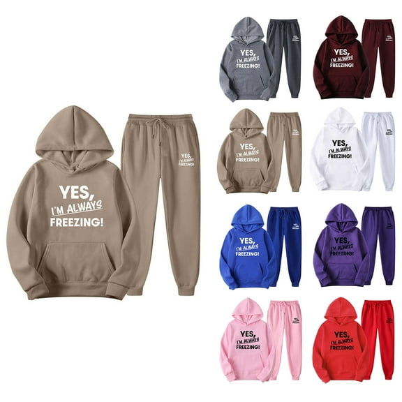 USSUMA Sweatsuits Hoodies Womens Long Sleeved Pullover Sweatpant Outfits Pocket Drawstring Print Tracksuit Stretch Waist Leisure Jogger Sets Oversized Fitness Workout Fall Suit