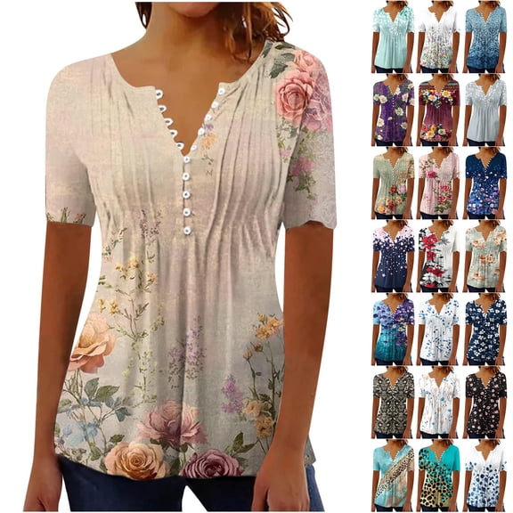 JTZGDY Dressy Tops for Women Trendy Plus Size Boho Floral Print Summer Tunic Shirts Loose Flowy Short Sleeve Button V Neck Ruched Pleated Tunic Tshirt Loose Oversized Casual Blouse Multicolor#14 XL