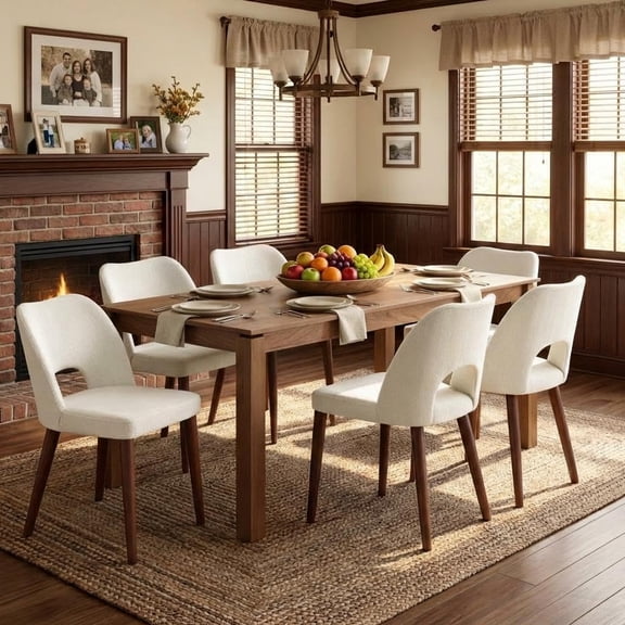 Wooden Dining Chairs Set of 6, Modern Fabric Upholstered Dining Room Chair Hollow Back Kitchen Chairs with Adjustable Foot Pads, Farmhouse Dinner Chair for Kitchen Dining Room, White