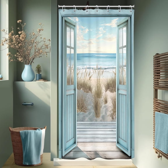 Small Stall RV Beach Barn Door Shower Curtain Blue Coastal Ocean Seaside Rustic Scenery Farmhouse Wooden Western 36Wx72H Inch Nature Fabric Decor Bathroom Polyester Waterproof 7 Pack Hooks