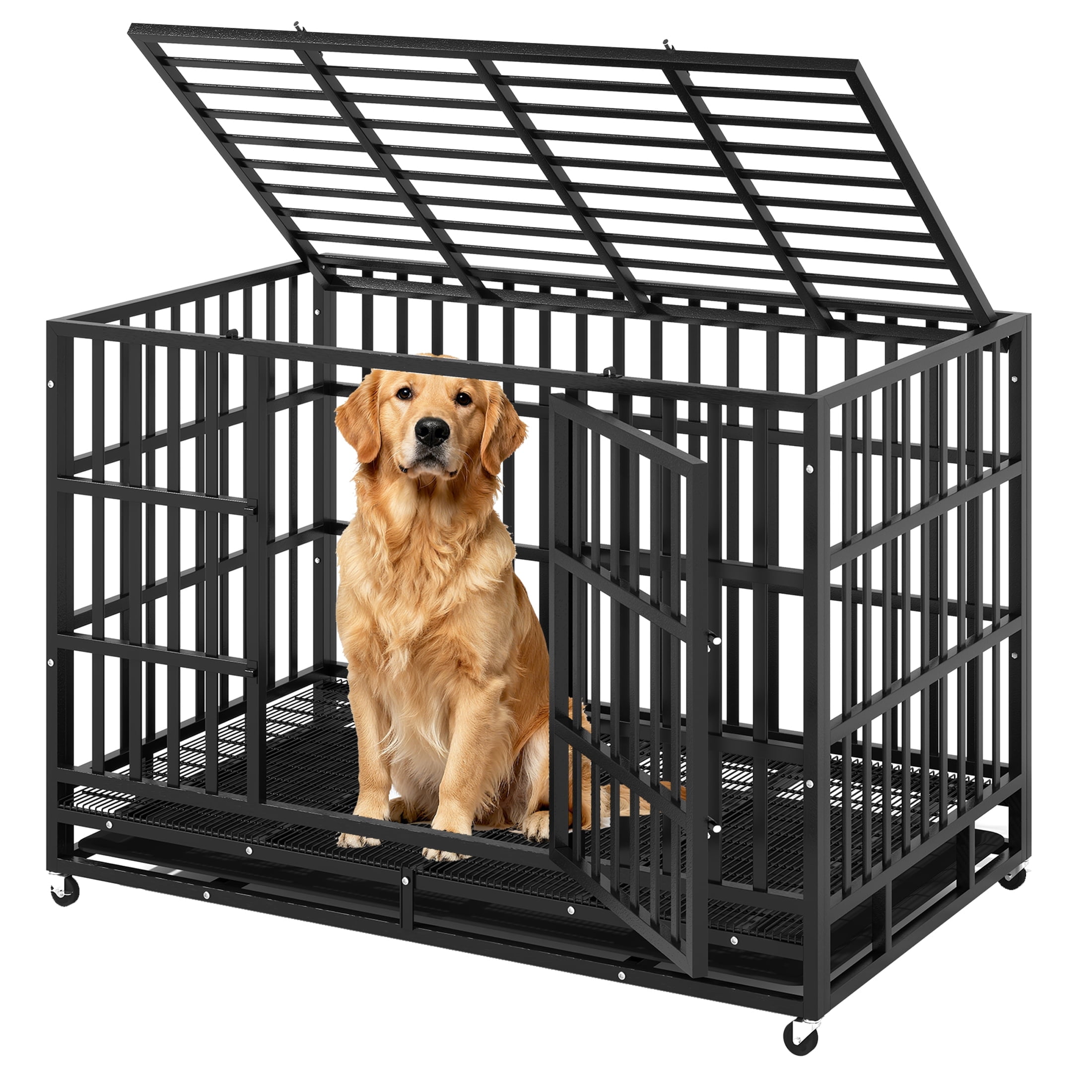 TIME RAY 48 Inch Heavy Duty Dog Crate for XL Large Dog,Indestructible High Anxiety Dog Cage for Indoor and Outdoor with Wheels and Removable Tray