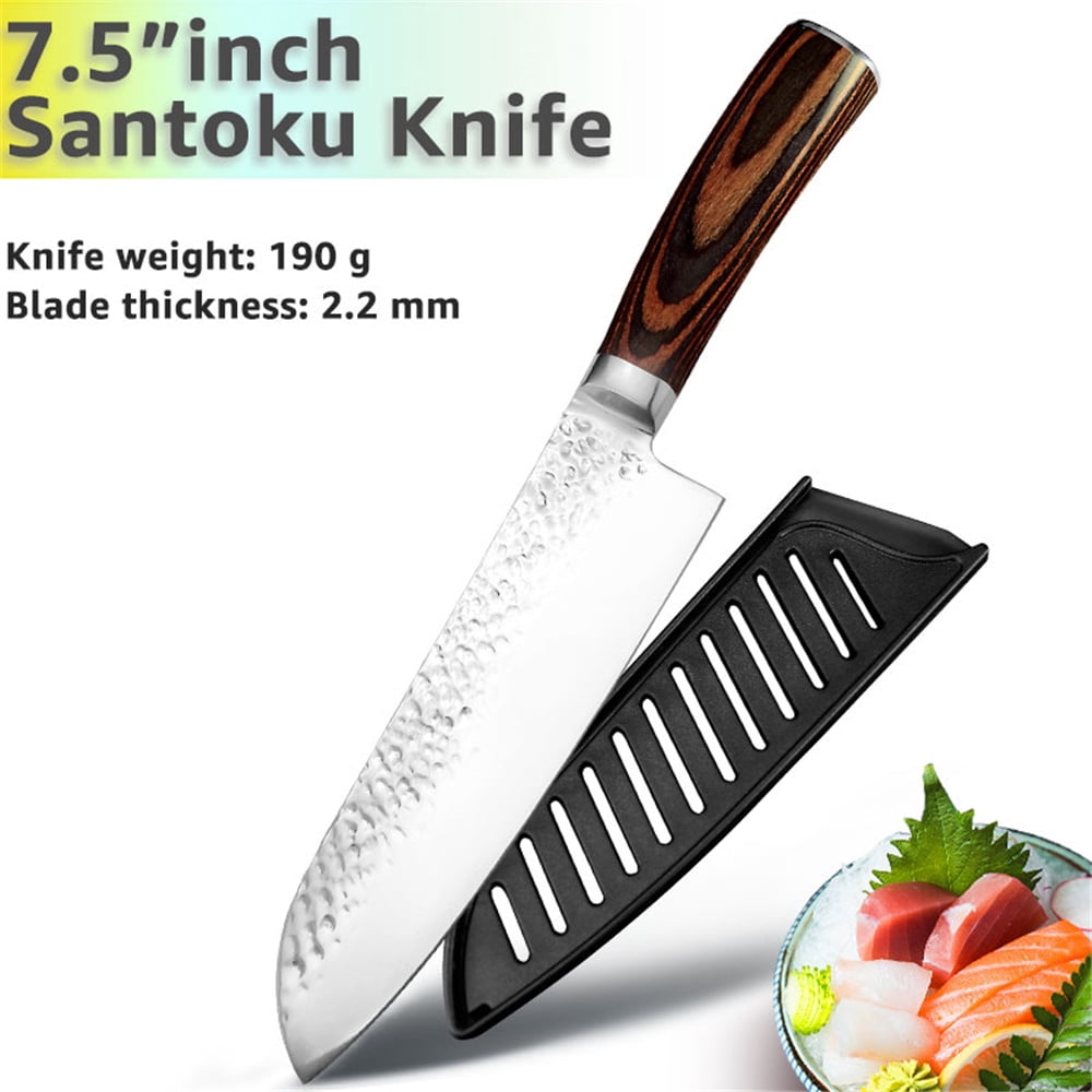 Kitchen Knife 7.5inch Santoku Knives with Sheath,Stainless Steel Sharp Forged Hammered Blade Non-Stick Fruit Slicer Vegetable Slicing Chef Knife Cutter Cooking Tool