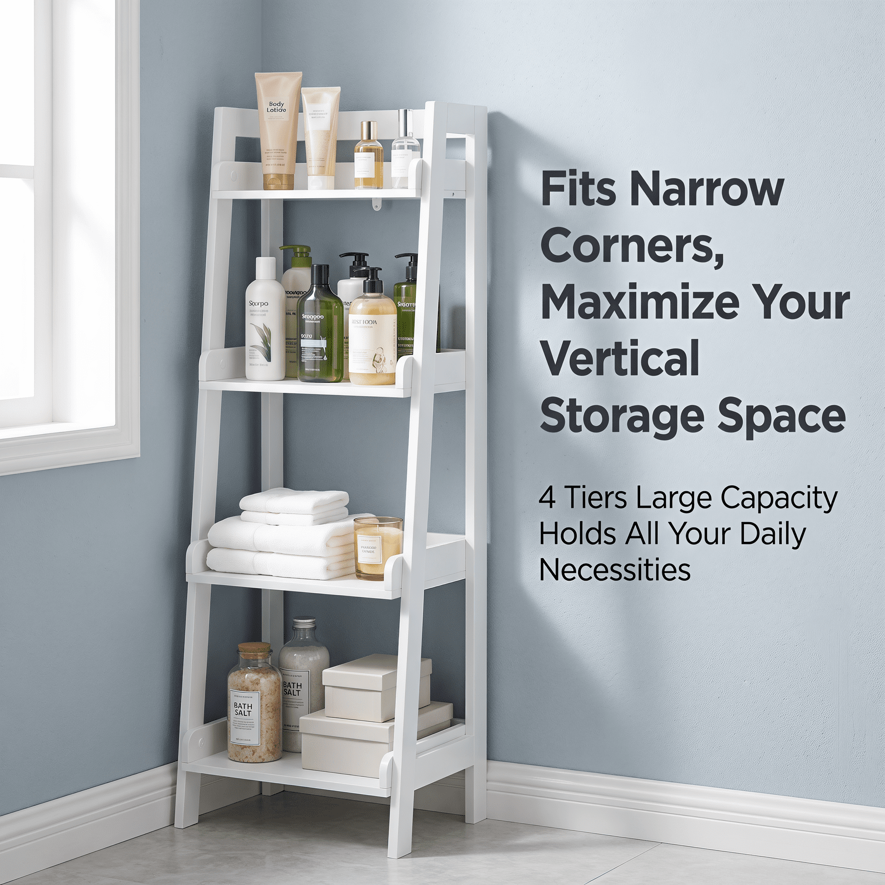 UTEX, Ladder Shelf, 4-Tier White Freestanding Wood Shelving Unit