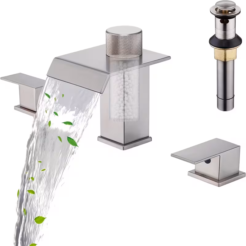 Brushed Nickel 3-Piece Filtered Waterfall Bathroom Faucet Set with Drain