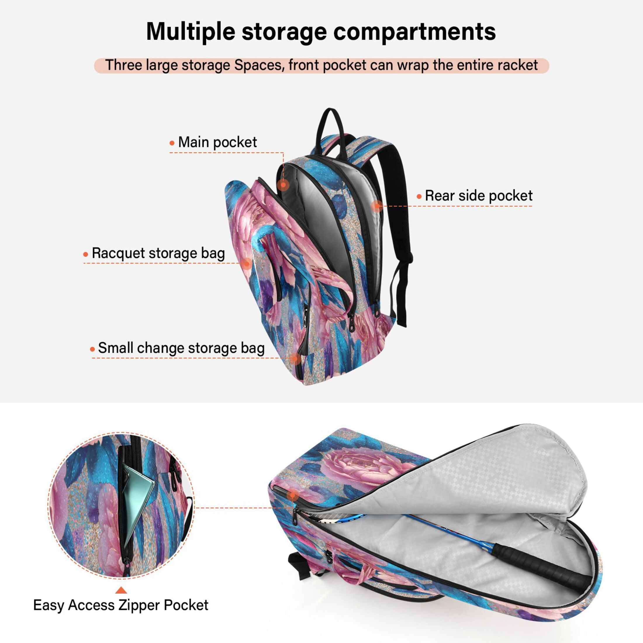 2 Racquet Holder Tennis Backpack Tennis Racket Covers Gym Bags Digital Art Roses