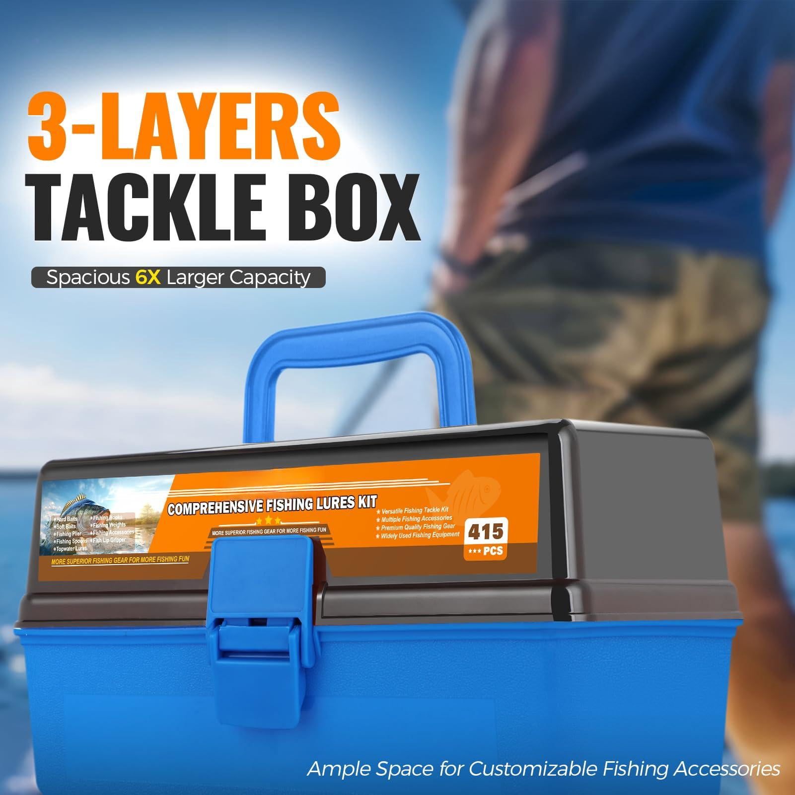 Large 3 Layers Fishing Tackle Box With Included  415pcs Lures Kit Contains Pliers Crankbait Weights Accessories Portable Gear Gifts For Men Starter Kits Bass Trout