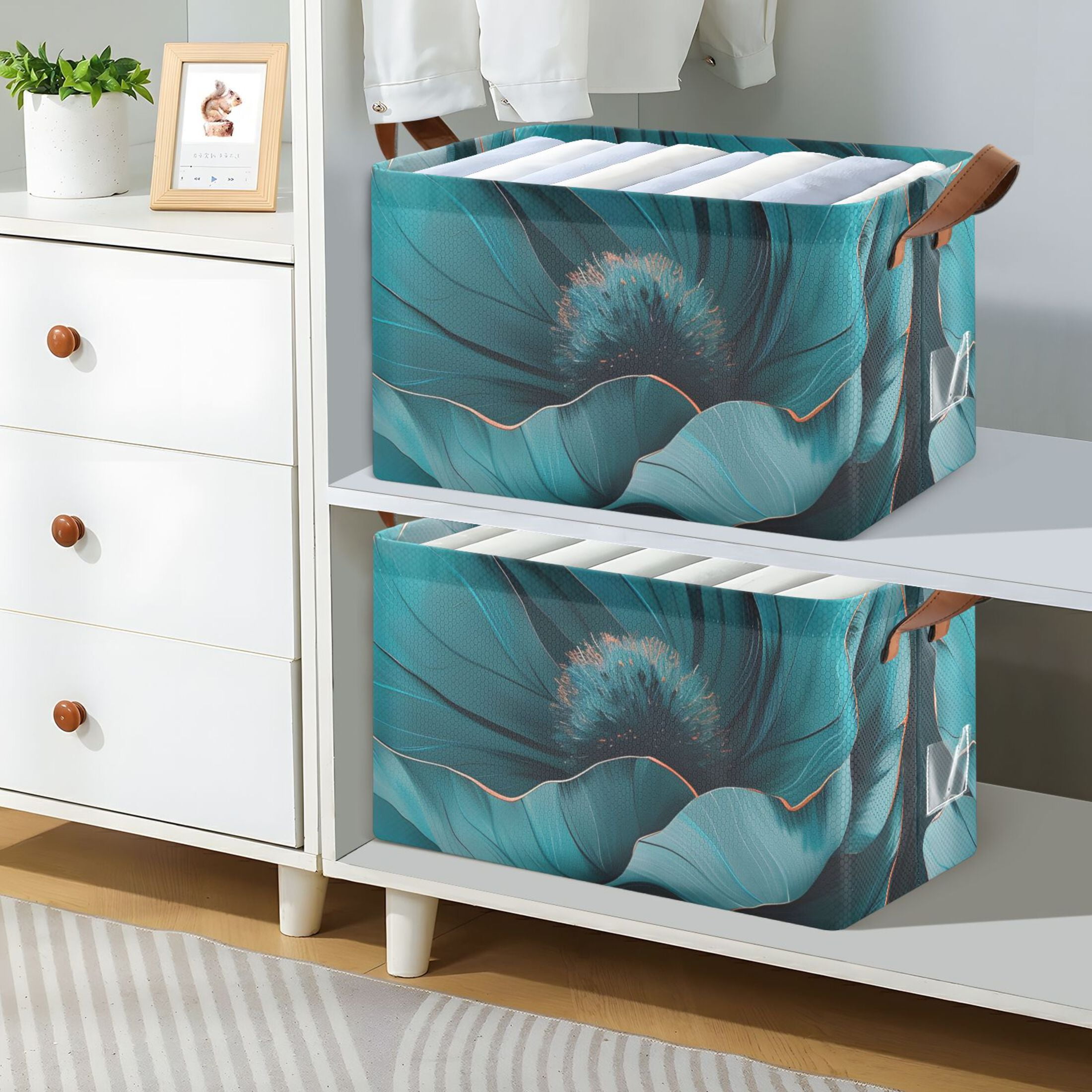 Ryvnso Teal Flower Storage Bins Large Basket Foldable Cube Toys Organizer with Handles 2 PCs
