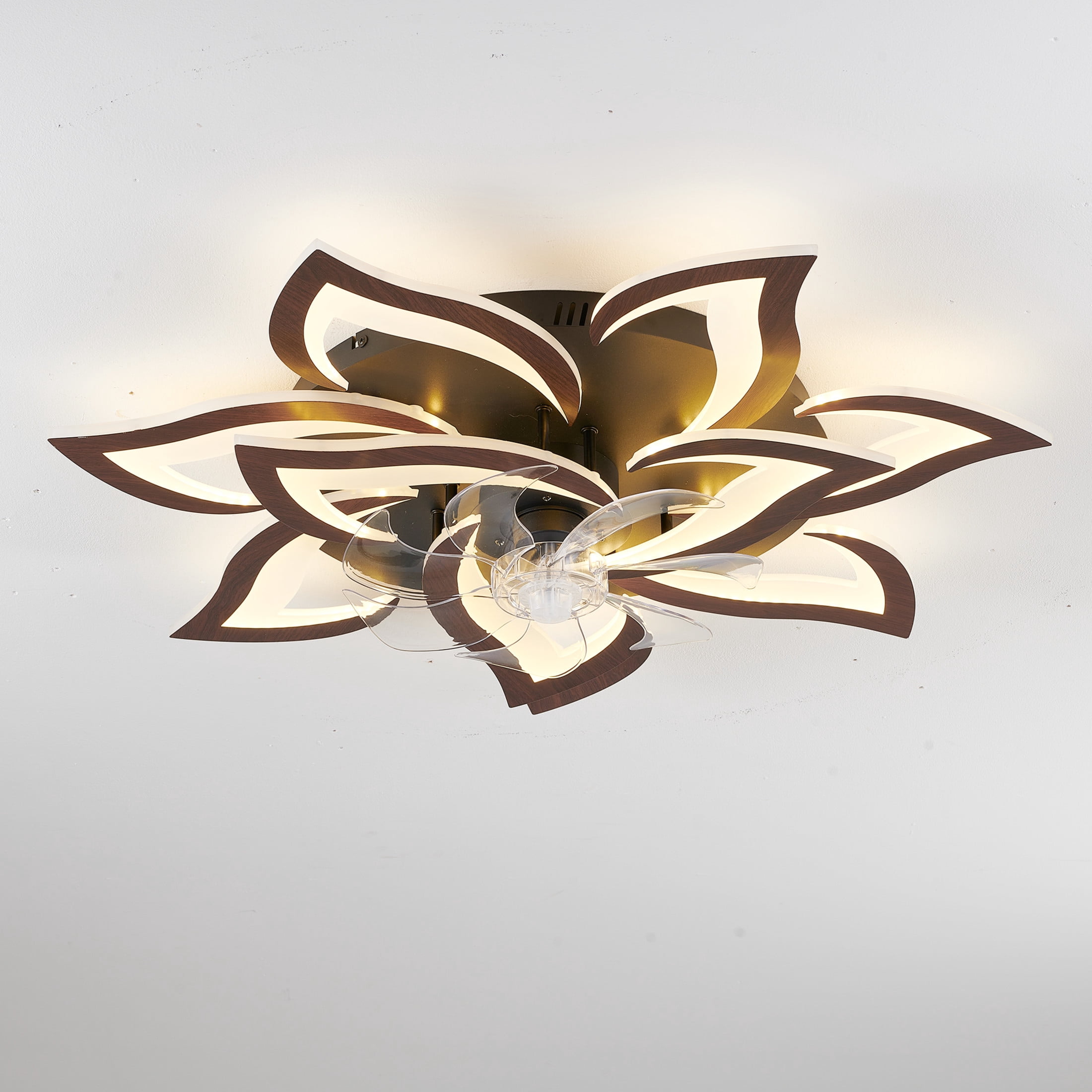 GDF Studio 10-Head Flower Modern Ceiling Fan with LED Lights & Remote Control, Low Profile Flush Mount Fandelier, Wood