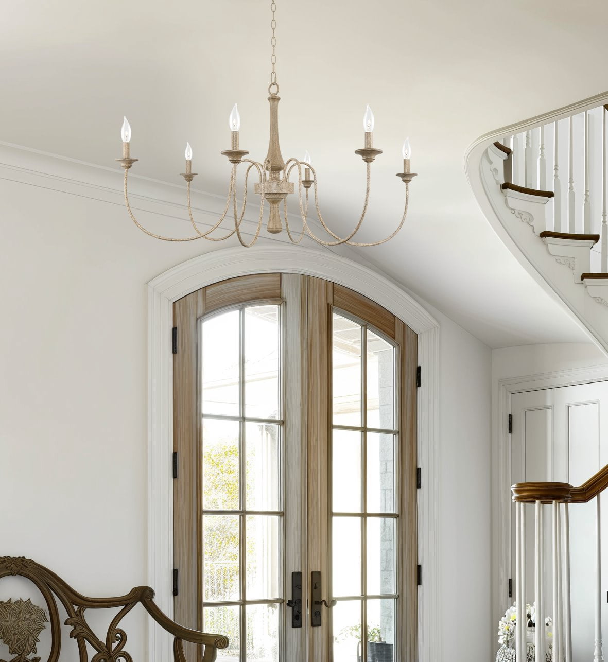 Kira Home Sherbrooke 44" French Country Chandelier, Distressed Wood Grain Metal Candle Chandelier, Smoked Cedar Wood