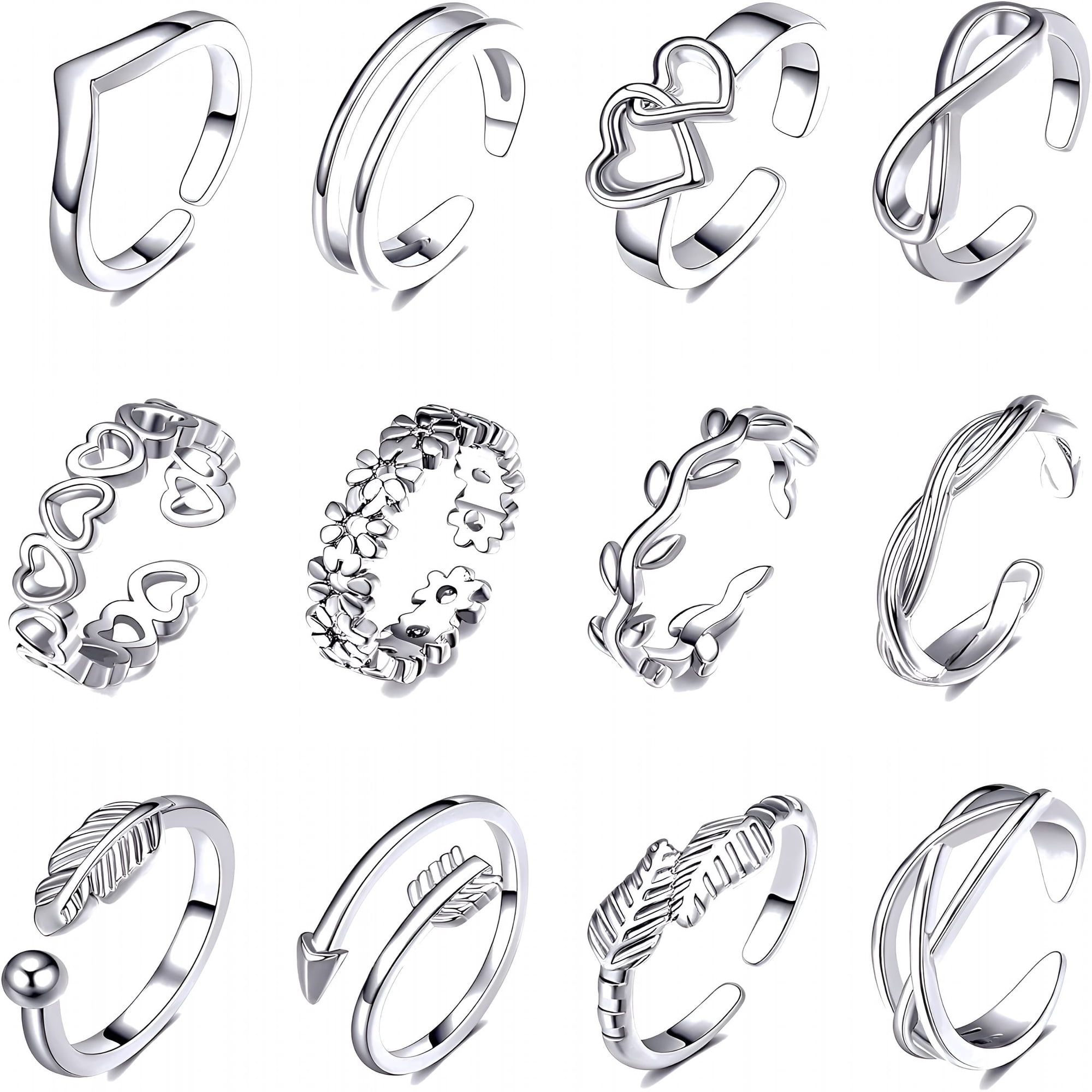 DESIGNICE 12Pcs 14K Gold Plated Adjustable Toe Rings for Women Flower Arrow Band Open Tail Ring Beach Foot Jewelry Set