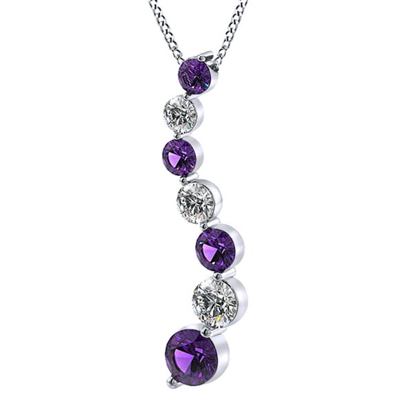 AFFY Simulated Amethyst & White Natural Diamond Journey Pendant Necklace In 14k Solid White Gold (0.1 Cttw)