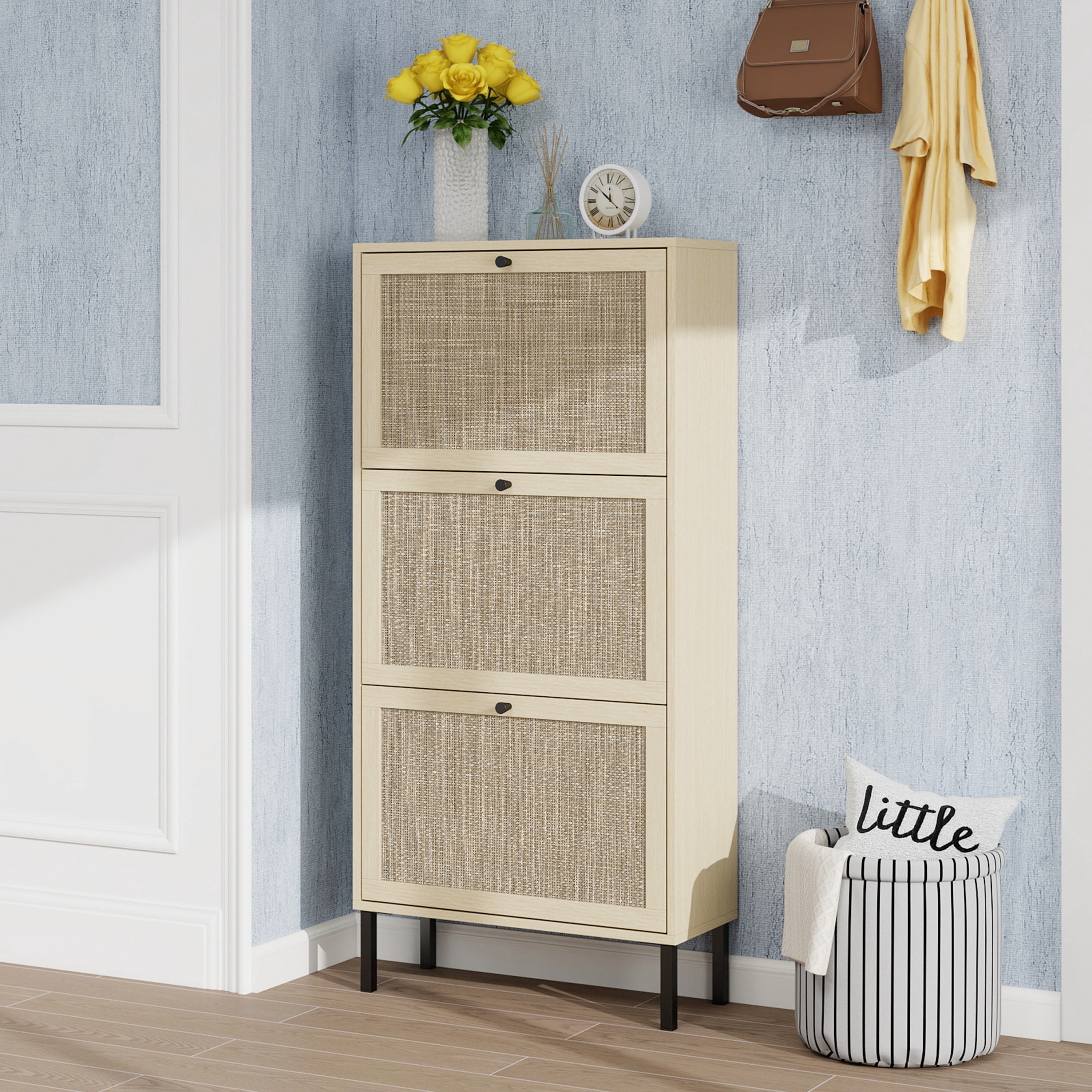 Leumius Shoe Storage Cabinet for Entryway,Modern Shoe Cabinet Storage with 3 Flip Drawers,Slim Freestanding Wood Shoe Rack for Entryway,Bedroom,Living Room,Natural02