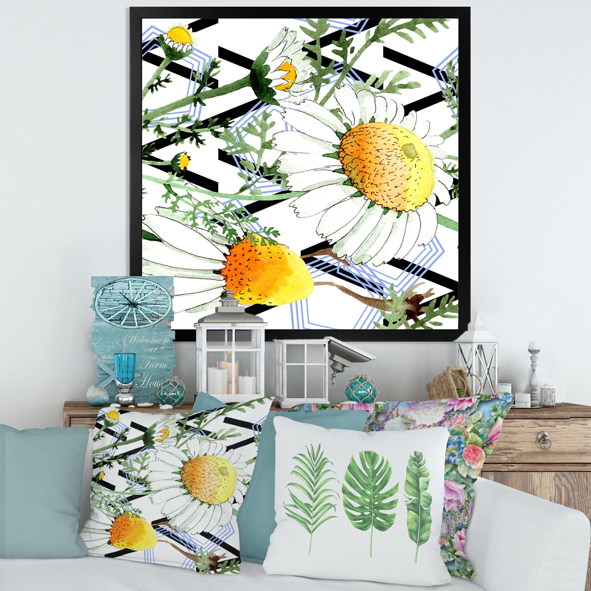 Wild Spring Chamomile Flowers On Geometric Lines 36 in x 36 in Framed Painting Canvas Art Print, by Designart