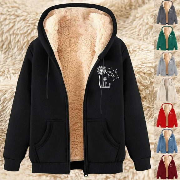CFLVAEK Fall Winter Hoodies for Women Plus Size Sherpa Fleece Lined Hoodie Jackets Fashion Graphic Full Zip Hooded Sweatshirts with Pockets Black L