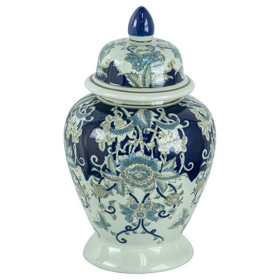 A&B Home 17" Tall Porcelain Vase with Lid Ceramic Blue and White Floral Print Ginger Jar Display Storage Asian Decor Centerpiece