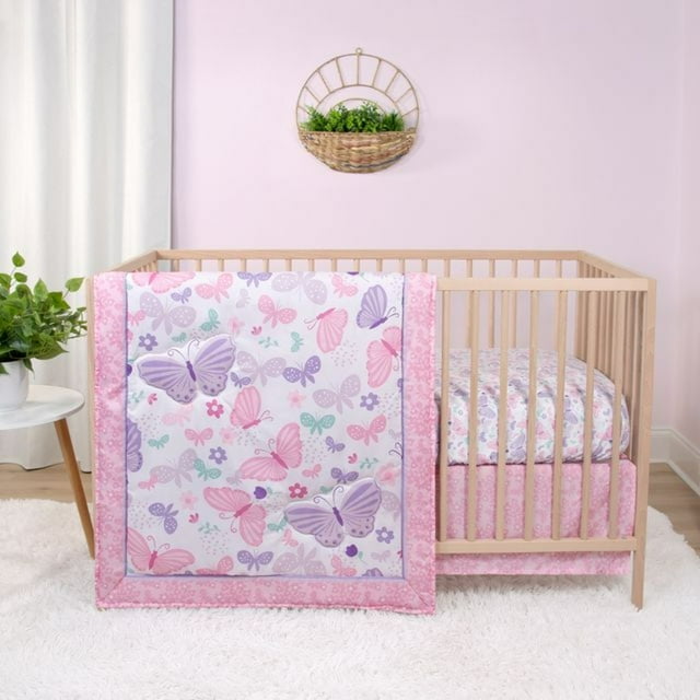 The Peanutshell Juego de Cama para Cuna Rosa y Morado Butterfly Song Bebé Niña, Set de Habitación para Bebé de 3 Piezas