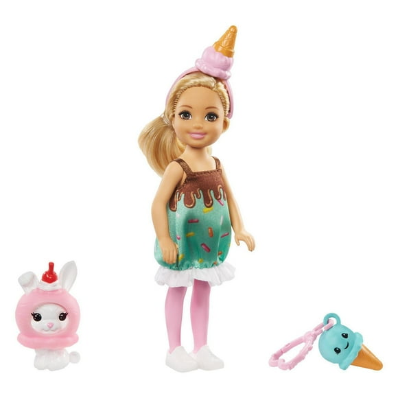 Barbie Club Chelsea Dress-Up Doll, 6-inch Blonde in Ice Cream Costume with Pet Bunny and Accessories