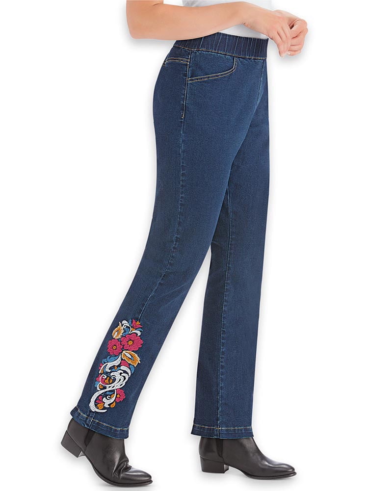 Collections Etc. - Floral Embroidered Pull-On Elastic Waist Denim Jeans Pants with Front Pockets